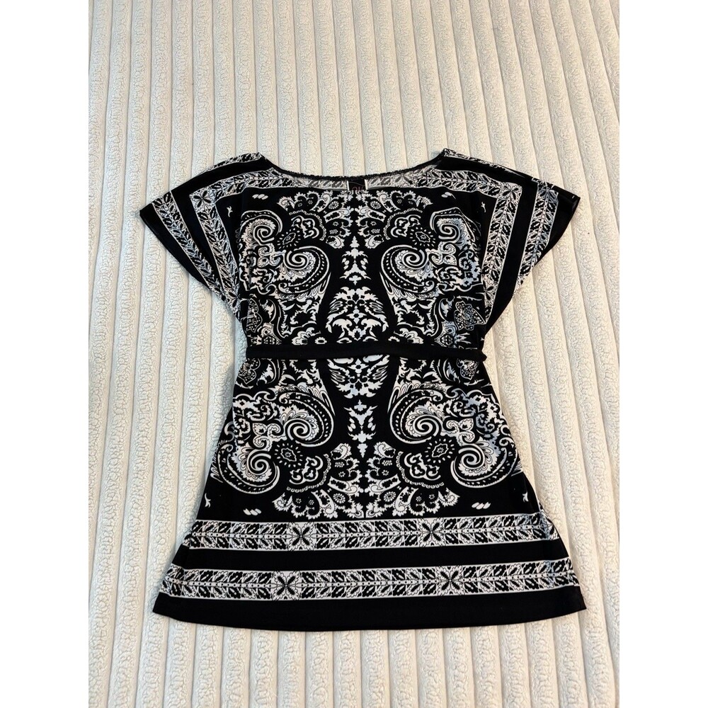 Wrapper Bandana Paisley Top Blouse Tie Waist Womens Large Black White Boho Y2K